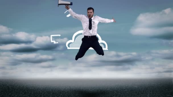 Бизнесмен с мегафоном прыгает перед анимированными облачными вычислениями — стоковое видео