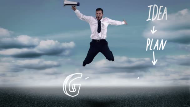Бізнесмен стрибає через бізнес план — стокове відео