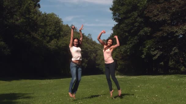 Twee jonge vriend springen in de lucht — Stockvideo