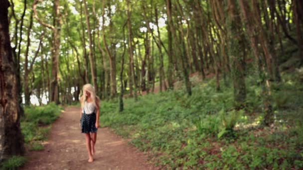 有吸引力的快乐金发女郎，步行穿过森林的途径 — 图库视频影像