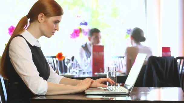 Femme d'affaires sérieuse travaillant sur son ordinateur portable — Video
