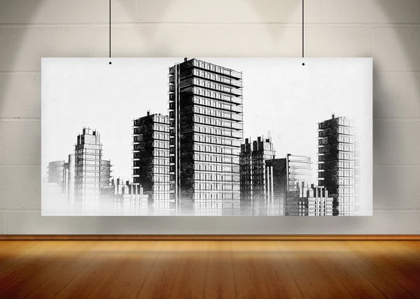 Изображение черно-белого города, нарисованного на экране — стоковое фото
