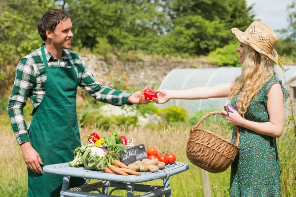 Mooie vrouw kopen groenten bij boeren kraam — Stockfoto