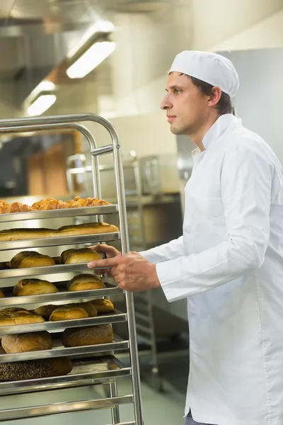 Handsome young baker pushing a trolley — Stock Photo, Image