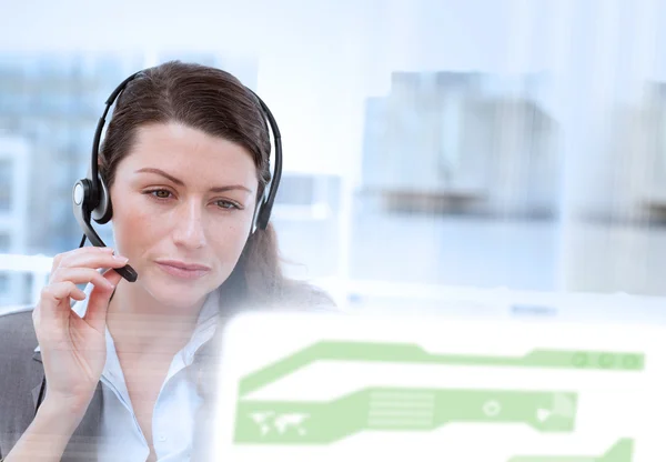 Content businesswoman looking at futuristic interface hologram — Stock Photo, Image