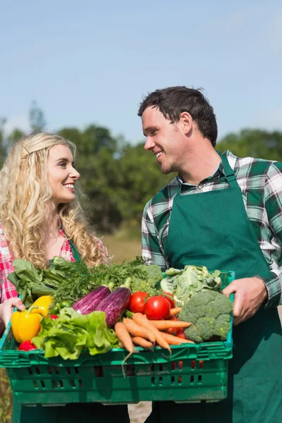 Happy couple presenting vegetables while looking at each other — Stock Photo, Image