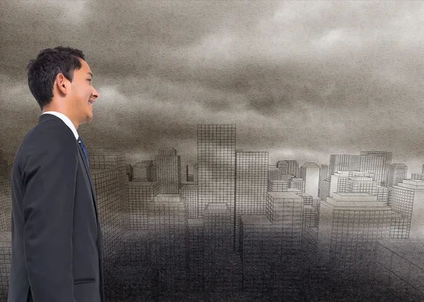 Sammansatt bild av digitala staden i dimman — Stockfoto