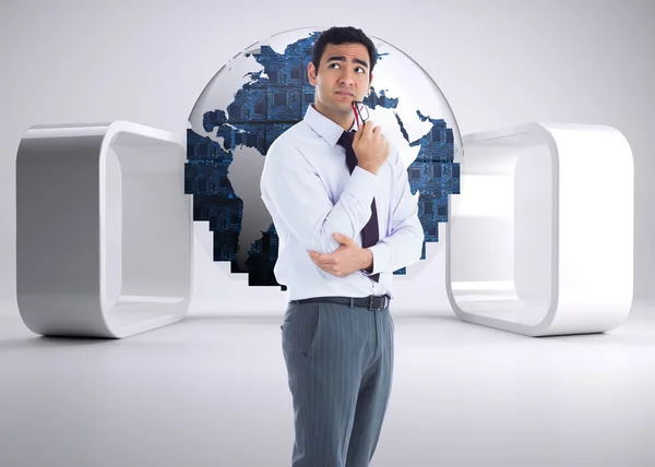 Composite image of thinking businessman holding glasses — Stock Photo, Image