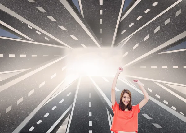 Cheerful woman with her arms raised up — Stock Photo, Image