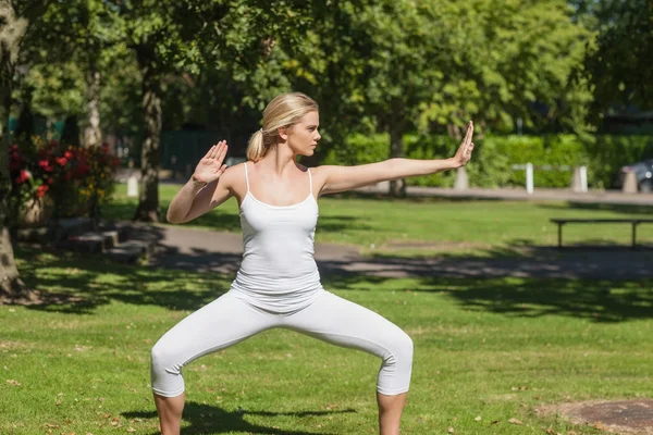 Mujer rubia seria haciendo yoga — Foto de Stock