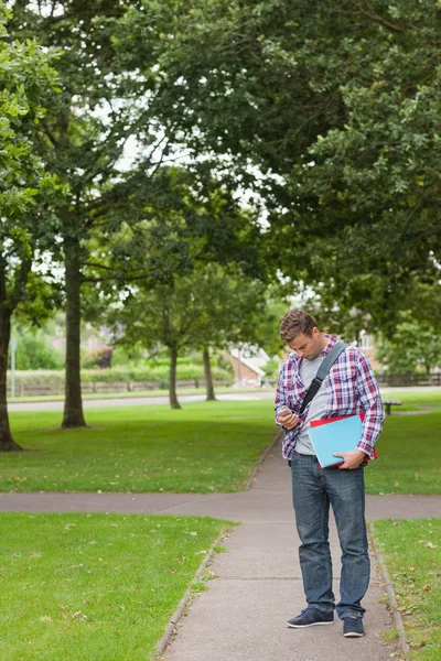 Knappe student permanent en texting — Stockfoto