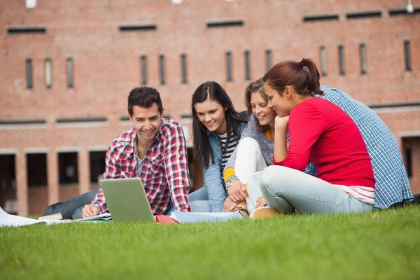Pięciu studentów dorywczo, siedząc na trawie patrząc na laptopa — Zdjęcie stockowe