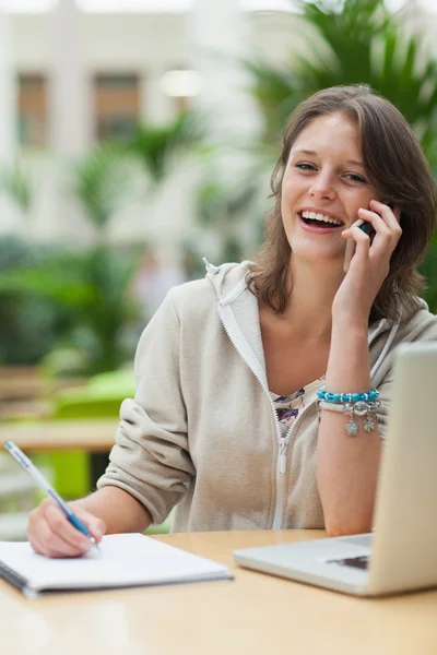 Cheerful student doing homework while on call by laptop at cafe — Stock Photo, Image