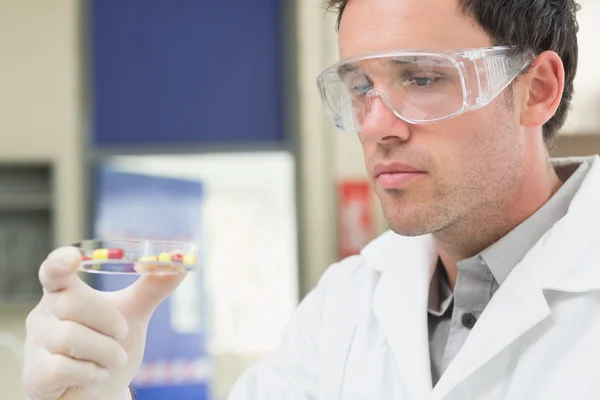Manliga forskare analysera piller i laboratoriet — Stockfoto
