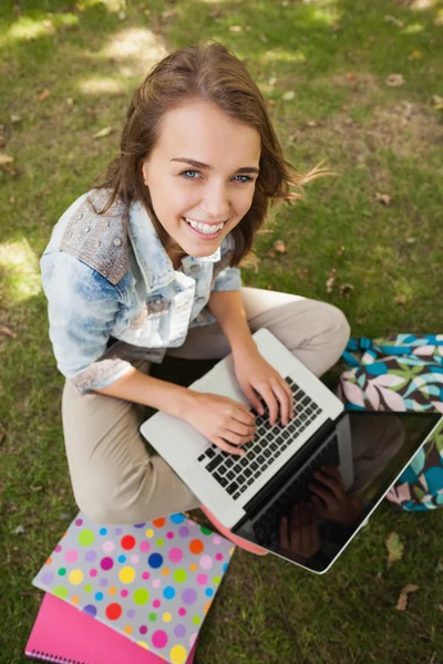 Oldukça neşeli öğrenci dizüstü kullanarak çimlerde oturan — Stok fotoğraf
