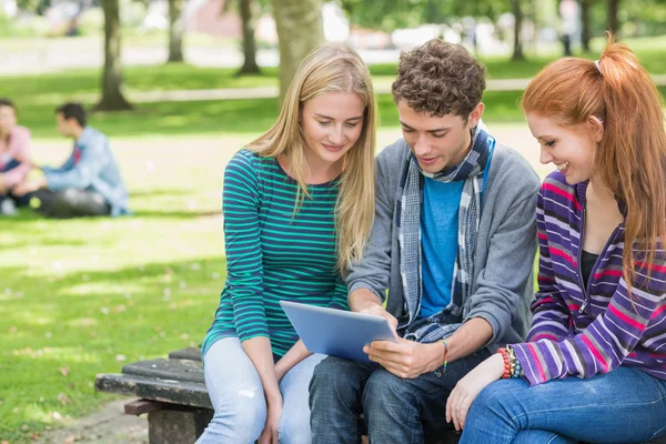 College students using tablet PC in park — Stock Photo, Image