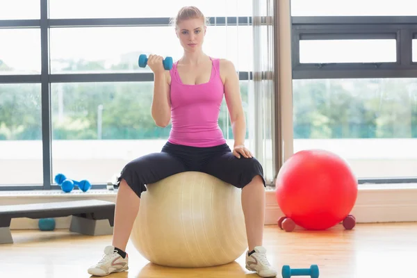 Fit beautiful woman with dumbbell sitting on exercise ball — Stock Photo, Image