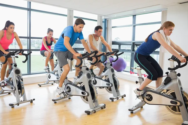 Gente decidida trabajando en la clase de spinning —  Fotos de Stock