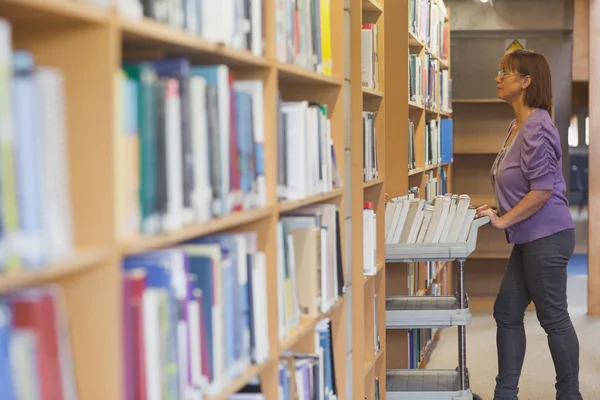 Mature female librarian pushing a cart in library — Stock Photo, Image