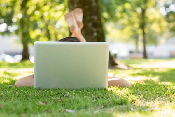 Esmer yazarak onu laptop çim üzerinde yalan — Stok fotoğraf
