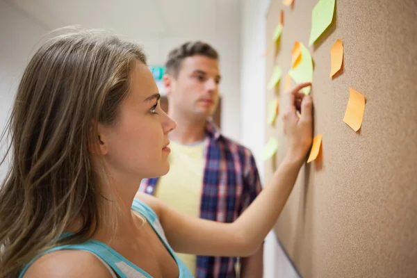 Two students looking at notice board — Stock Photo, Image