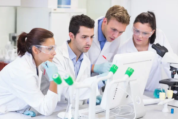 Onderzoekers op zoek naar bij het computerscherm van de in het lab — Stockfoto