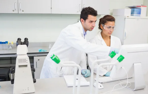 Pesquisadores sérios usando um computador no laboratório — Fotografia de Stock