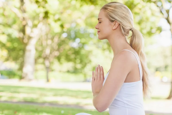 Boční pohled na klidné mladé ženy meditovat, sedí v parku — Stock fotografie