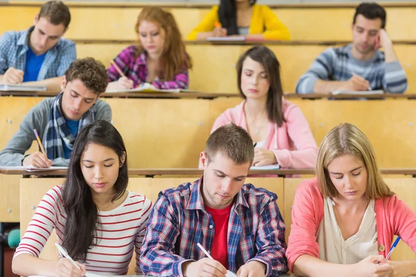 Students sitting at the lecture hall while writing Royalty Free Stock Photos