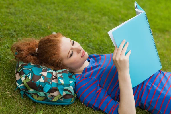 Gorgeous focused student lying on grass reading notes — Stock Photo, Image