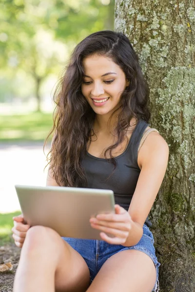 Dorywczo, uśmiechnięta brunetka siedzący za pomocą tabletu使用平板电脑的休闲微笑着黑发坐 — Zdjęcie stockowe
