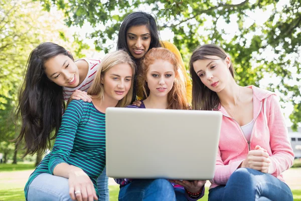 Jóvenes chicas universitarias utilizando el ordenador portátil en el parque — Foto de Stock
