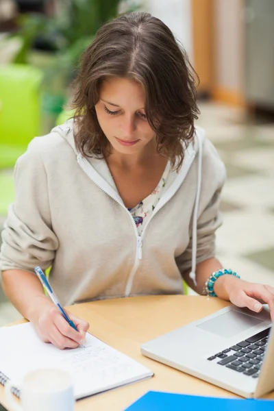 Сконцентрированная студентка делает домашнее задание на ноутбуке — стоковое фото
