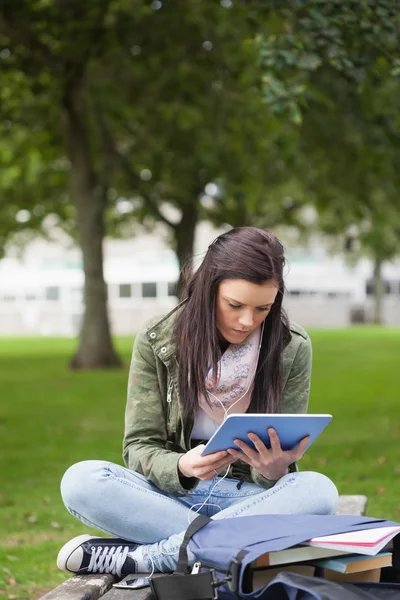 Konzentrierte brünette Studentin sitzt mit Tablet auf Bank — Stockfoto