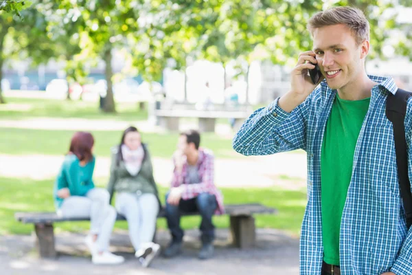 Menino da faculdade usando telefone celular com os alunos no parque — Fotografia de Stock