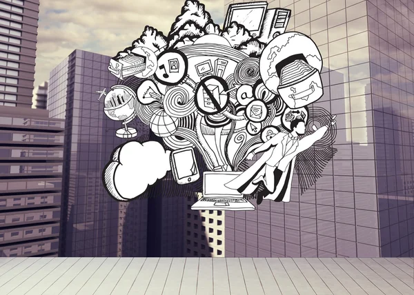 Drawn illustration on cityscape background — Stock Photo, Image