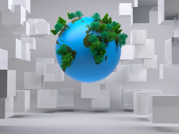 Globe floating in room with cubes — Stock Photo, Image