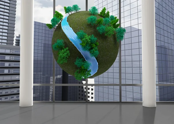 Terra flutuando na frente da paisagem urbana — Fotografia de Stock