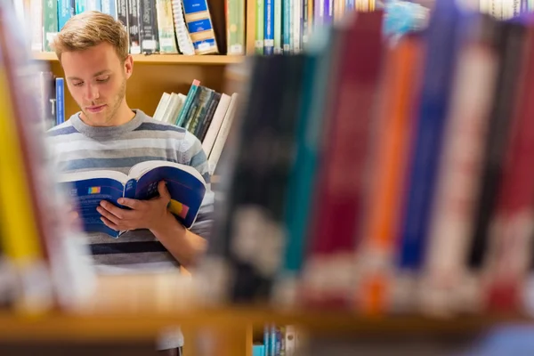 Männlicher Student sucht Buch in der Bibliothek aus — Stockfoto