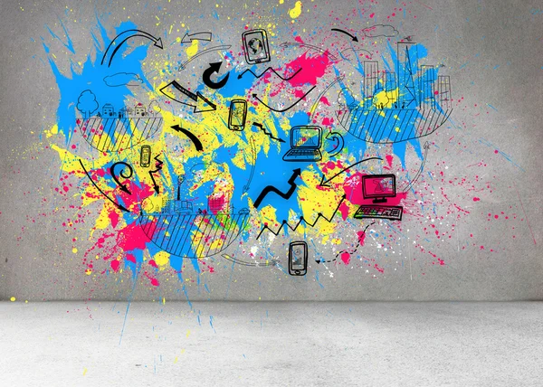 Colorful splashes on grey wall with graphics — Stock Photo, Image