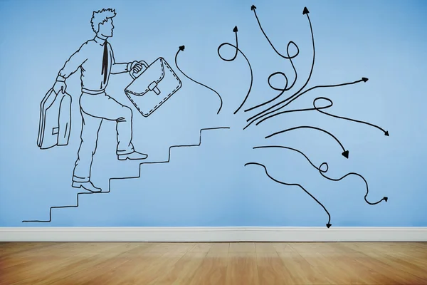 Drawn man climbing stairs on blue wall — Stock Photo, Image