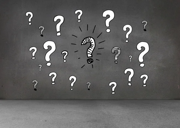 White question marks on dark wall — Stock Photo, Image