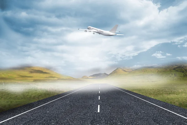 3D plane taking off over street — Stock Photo, Image