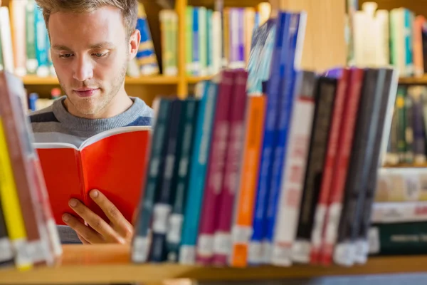 Männlicher Student sucht Buch in der Bibliothek aus — Stockfoto