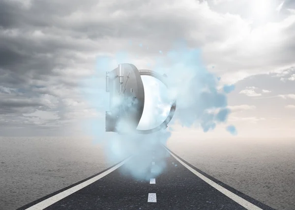 Open safe in dust cloud over street — Stock Photo, Image