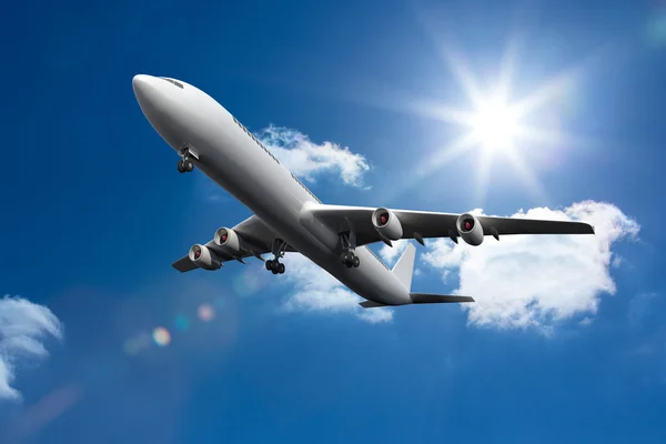 3D-vliegtuig vliegt in de hemel — Stockfoto