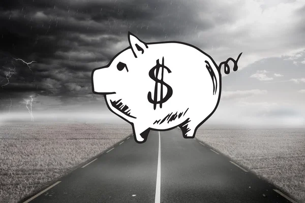 Piggy bank over street and stormy sky — Stock Photo, Image