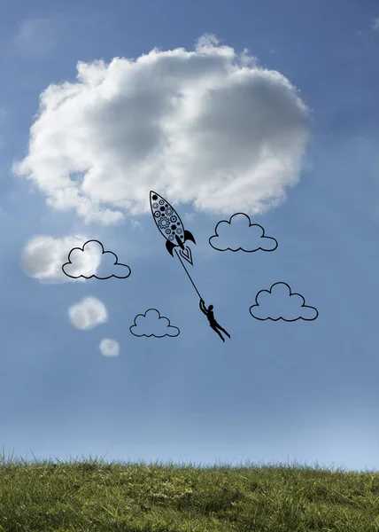 하늘에서 남자와 로켓 — 스톡 사진
