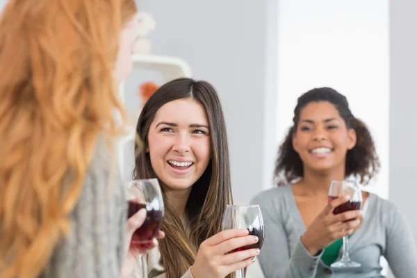 Amigos alegres com copos de vinho desfrutando de uma conversa em casa — Fotografia de Stock