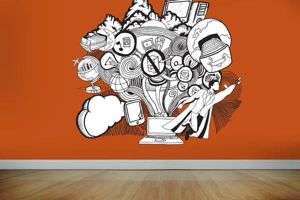 Ilustração desenhada na parede laranja — Fotografia de Stock